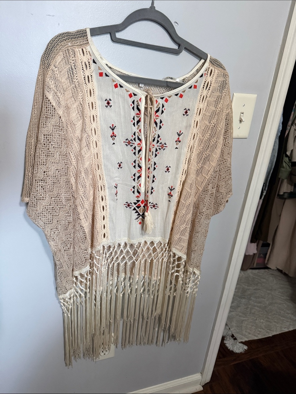 Miss Me Cream and Beige Embroidered Fringe Tunic
